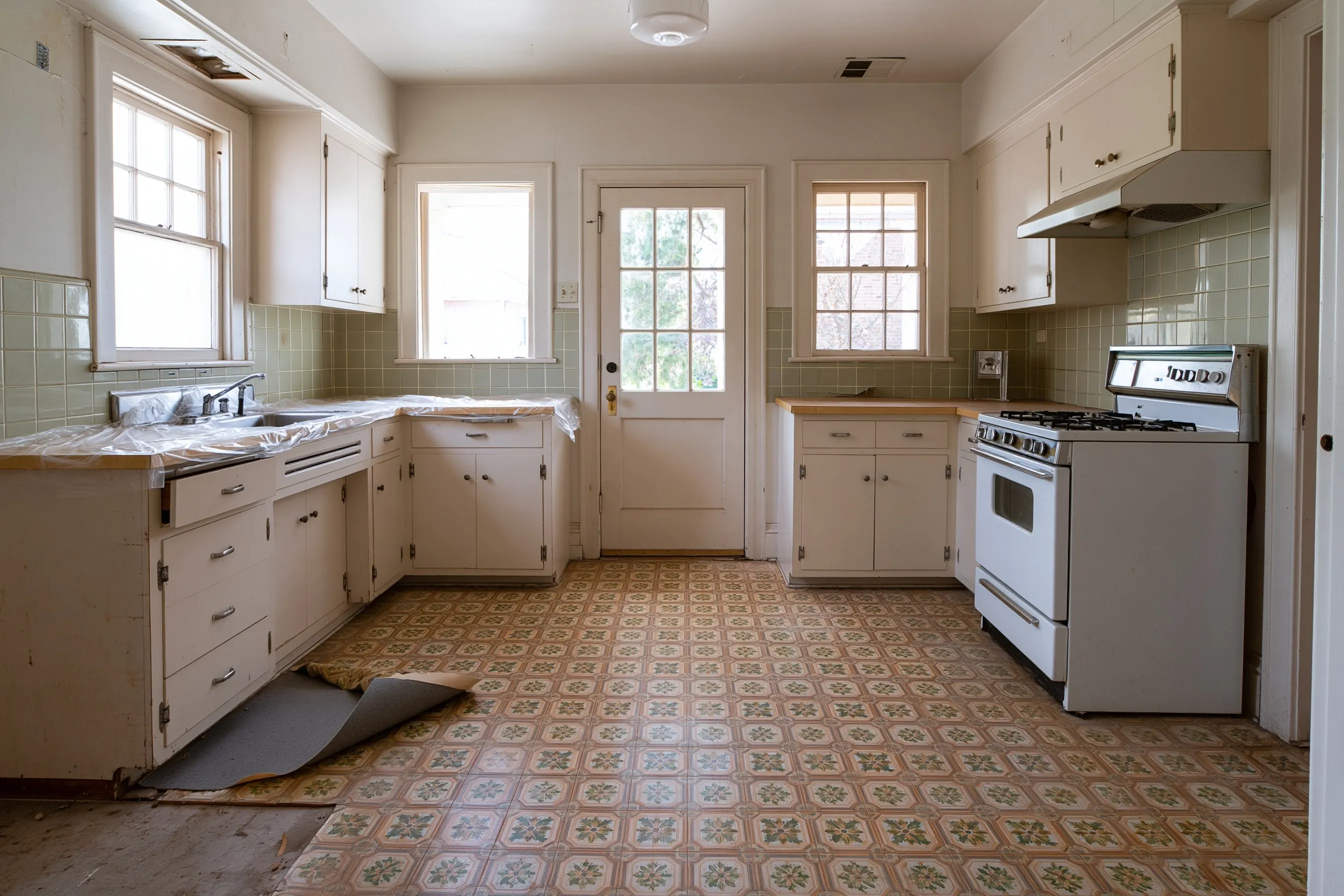 A 1960s kitchen floor of sheet vinyl lifted at one edge to show the gray felt backing
